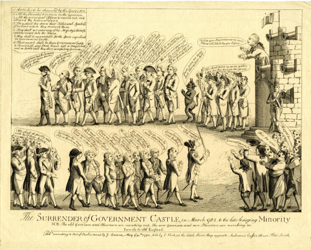 Ein Blatt Papier mit einer Zeichnung einer vielseitigen Gruppe von Menschen, die vor einem hohen, beeindruckenden Schloss mit einem großen Eingang und mehreren Türmen stehen, mit fetter Schrift darauf.