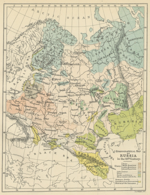 Detaillierte ethnographische Landkarte des 19. Jahrhunderts von Russland, die geografische Merkmale, Städte und das Ausmaß des Russischen Reichs zeigt, mit Text oben und unten auf dem Papier.