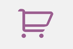 Purple shopping cart icon filled with fruits, vegetables, and grocery items on a white background.