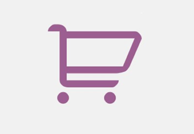Purple shopping cart icon filled with fruits, vegetables, and grocery items on a white background.