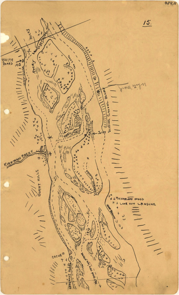 Ausführliche alte Stadtkarte auf altem Papier mit handgeschriebenem Text, der Straßen, Gebäude, Parks und Sehenswürdigkeiten benennt.
