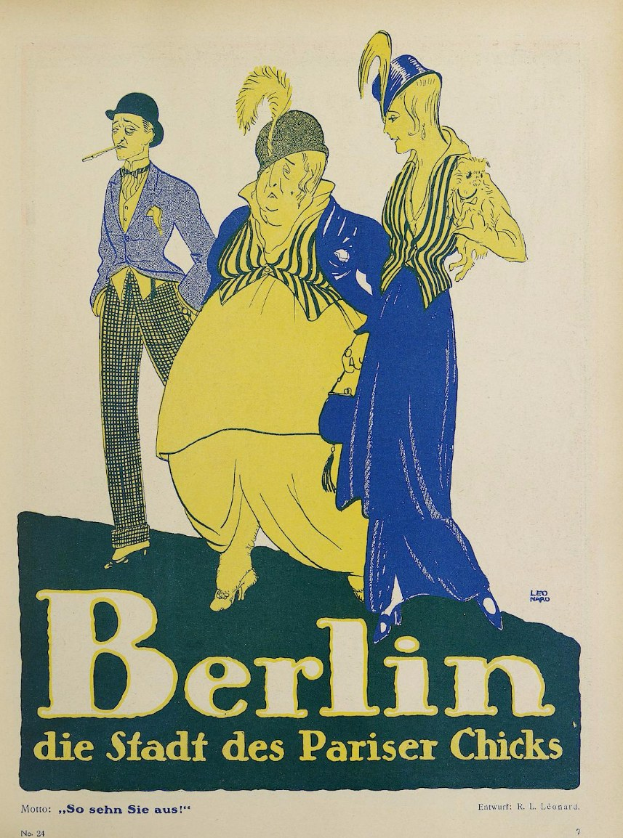 Plakat für ein Konzert in Berlin, Deutschland, mit einer Gruppe farbiger Menschen vor einem Gebäude, darüber der Text "Berlin - Die Stadt des Pariser Chicks".