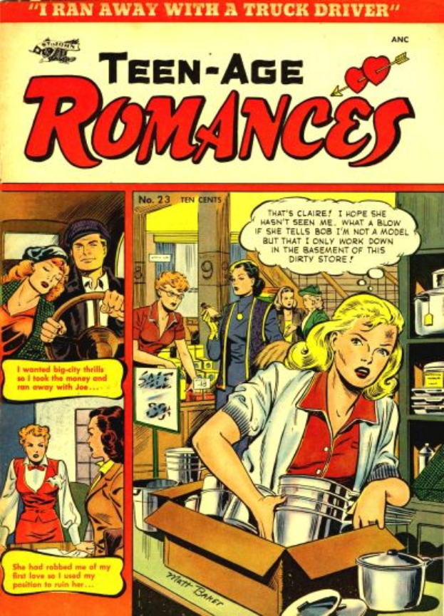 Ein Plakat mit der Aufschrift "Teen-Age Romances 23-A von DC", das eine Gruppe von Menschen in einer romantischen Umarmung zeigt