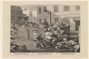 Eine Gruppe von Menschen und Tieren versammelt sich um ein Gebäude mit Fenstern und einem Laternenmast, mit einem Himmel im Hintergrund und der Inschrift "Erste Stufe der Grausamkeit" unten.