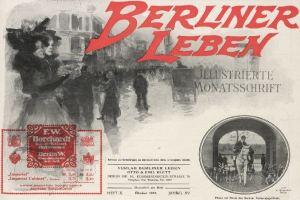 Eine alte deutsche Zeitungsanzeige f├╝r "Berliner Leben" mit einer Gruppe von Menschen in einer belebten Stadtlandschaft mit hohen Geb├Ąuden und einer ├Überquerung im Hintergrund, mit dem Text "Berliner Leben" in fetter, schwarzer Schrift.