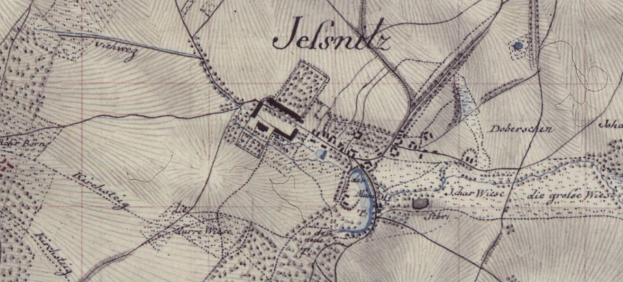 Ein detailliertes altes Stadtplan von Jelsnitz, Deutschland, mit einem Gebäude in der Mitte und umgeben von Text, der Straßen, Gebäude und andere Gebietmerkmale zeigt.
