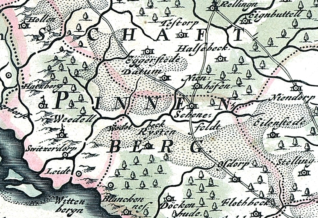 Detailiertes altes Stadtplan von Painen, Deutschland, zeigt Straßen, Gebäude und Sehenswürdigkeiten mit zusätzlichem Text über Bevölkerung, Straßen und bemerkenswerte Merkmale.