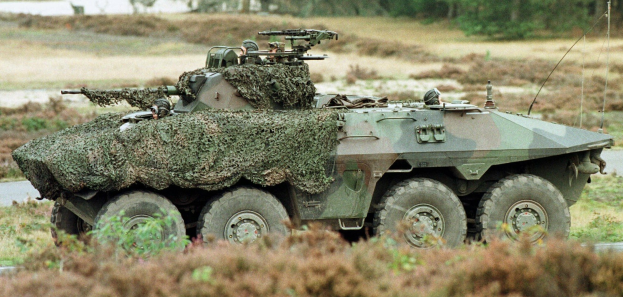 Militärisches Personalfahrzeug mit montierter großer Kanone, das auf einer Straße neben einem Wald fährt, mit Pflanzen unten und Bäumen im Hintergrund.