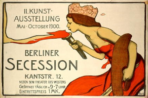 Plakat aus dem Jahr 1900, das eine Berliner Sezession ankündigt und eine Frau in rotem Kleid zeigt, die ein Objekt hält, mit Text auf dem Plakat