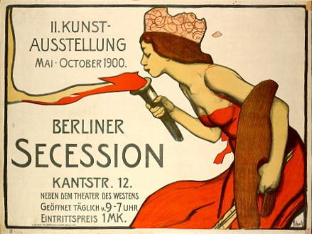 Plakat aus dem Jahr 1900, das eine Berliner Sezession ankündigt und eine Frau in rotem Kleid zeigt, die ein Objekt hält, mit Text auf dem Plakat