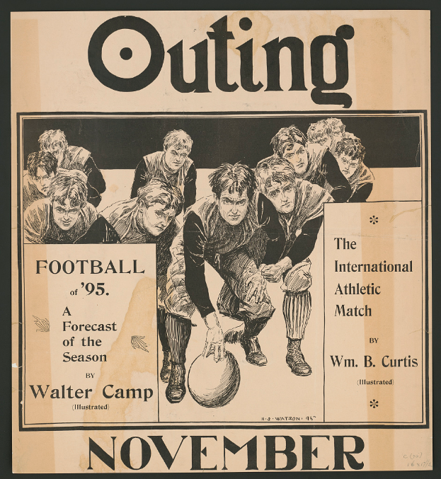 Ein schwarzes Plakat, das ein Football-Spiel ankündigt, betitelt mit "Outing Football of '95: A Forecast of the Season", mit einer Gruppe von Menschen, die wahrscheinlich die Spieler darstellen.
