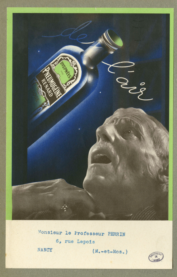 Eine alte Werbung mit einer Weinflasche in der Mitte, auf der das Gesicht eines Mannes zu sehen ist, sowie eine beschriftete Flasche und Text unten.