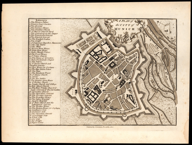 Ein detaillierter alter Stadtplan von München, Deutschland, auf einem schwarzen Hintergrund, der Straßen, Gebäude und Sehenswürdigkeiten zeigt, mit Text, der zusätzliche Informationen bietet.