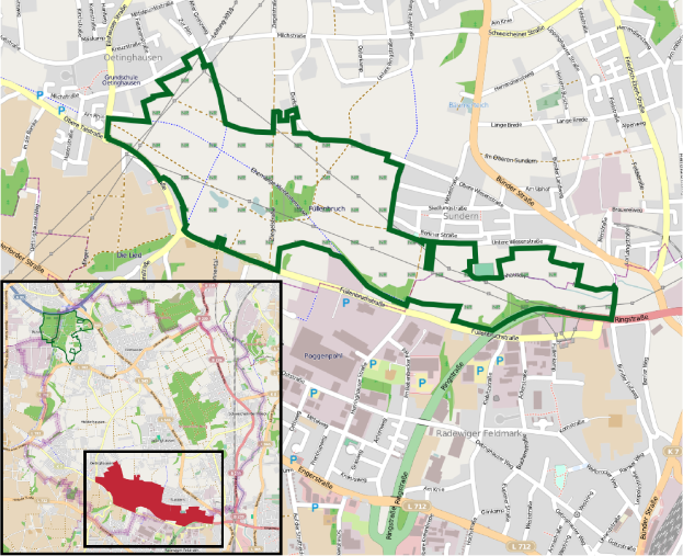 Ein detaillierter Stadtplan von Berlin mit einer prominenten grünen Linie, die den vorgeschlagenen Weg anzeigt, mit Straßen, Parks und Sehenswürdigkeiten.