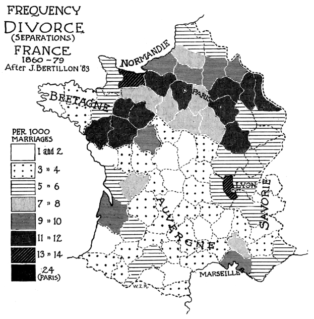 Schwarze und weiße Karte von Frankreich mit Text und Zahlen, die die Scheidungsfrequenz je Region angeben.