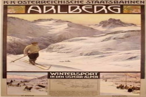 Ein Plakat, das einen Wintersport in den österreichischen Alpen bewirbt, zeigt einen Skifahrer umgeben von Bildern von Menschen und Bergen mit Text.