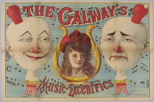 Ein Plakat für die Galway Music Excentrics mit einer Frau in der Mitte und zwei Clowns daneben, beschreibender Text über den Zirkus und seine Künstler.