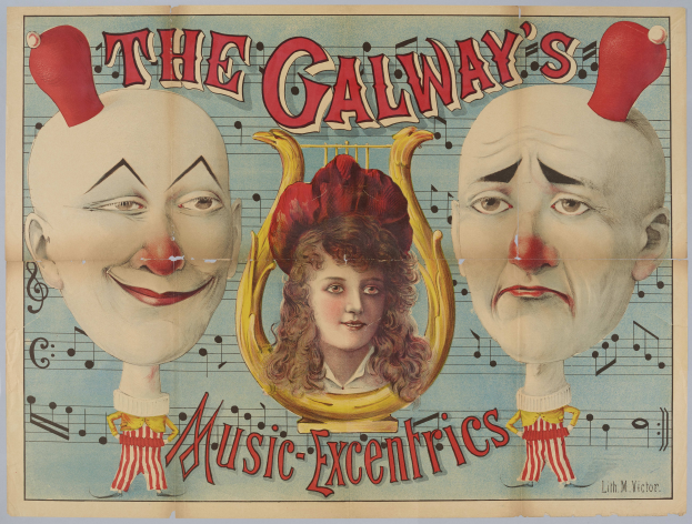 Ein Plakat für die Galway Music Excentrics mit einer Frau in der Mitte und zwei Clowns daneben, beschreibender Text über den Zirkus und seine Künstler.