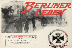 Ein altes Buchcover mit einer Gruppe feiernder Menschen, dem Text "Berliner Leben" und einem Logo, das mit der deutschen Armee in Verbindung steht.
