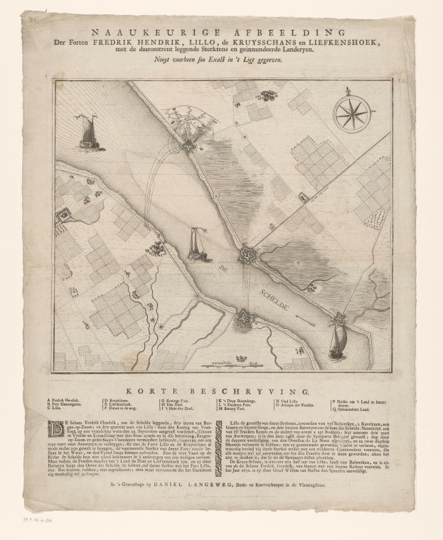 Eine detaillierte Karte von Korte Beschryving, Niederlande, die Straßen, Gebäude und Sehenswürdigkeiten zeigt, mit darauf geschriebenem Text.