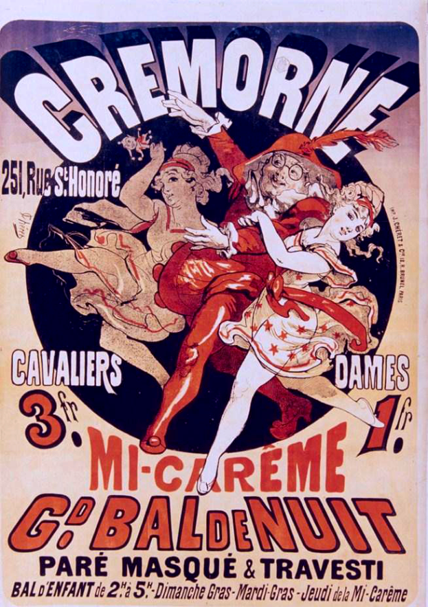 Ein Karnevalsplakat mit Menschen in bunten Kostümen, die in einem Kreis vor einem hellgelben Hintergrund stehen, mit der Schrift 'Cremorne' in fetter schwarzer Schrift.