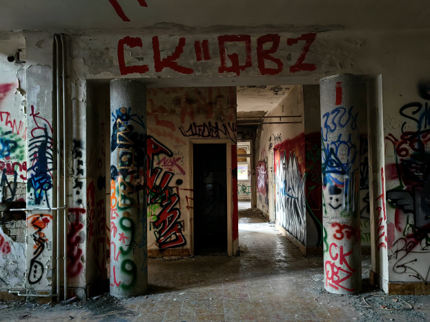 Verlassenes Gebäude mit Graffiti-verschmierten Wänden, sichtbarem Boden und freiliegenden Rohren, mit einer Tür im Hintergrund.