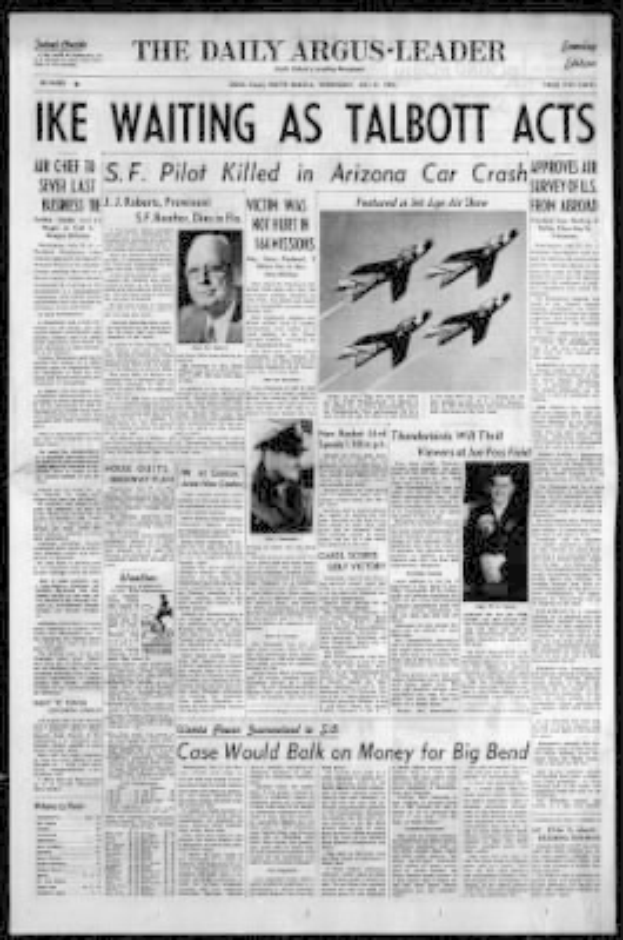 Titelseite der Daily Argus-Leader aus Arizona mit schwarzem Hintergrund, der Schlagzeile 'Ike Waiting as Talbott Acts' und mehreren Bildern von Menschen und Flugzeugen.