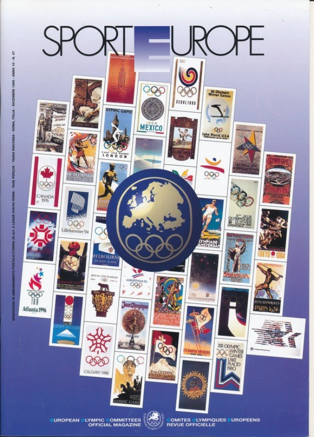 Buchumschlag mit dem Titel "Sport in Europa" in leuchtenden Farben und detaillierten Designs, der verschiedene olympische Symbole und Bilder zeigt, die mit den Olympischen Spielen in Europa in Verbindung stehen.
