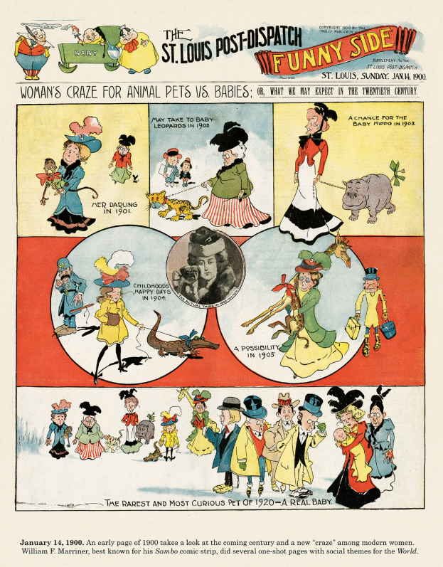 Eine Zeitungsseite aus der St. Louis Post-Dispatch Funny Side mit farbenfrohen, humorvollen Illustrationen von Menschen, Tieren und Gegenständen mit witzigem Text.