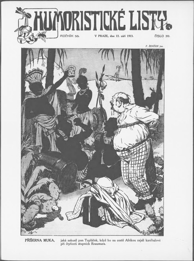 Ein Schwarz-Weiß-Cartoon einer Gruppe von Menschen im Dschungel mit Bäumen im Hintergrund, mit Text oben und unten: "Humoristické Listy - V Praze, 12. April 1913".