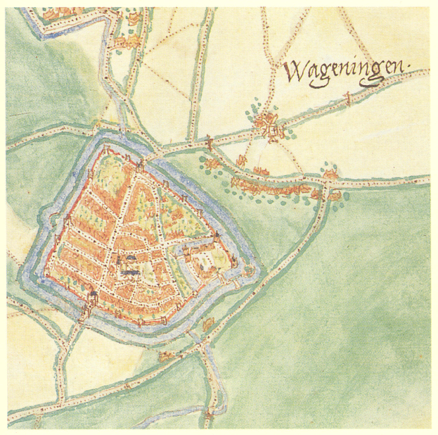 Ein detaillierter Stadtplan von Wageningen, Deutschland, der Straßen, Gebäude und Sehenswürdigkeiten zeigt, begleitet von Text für zusätzliche Informationen.