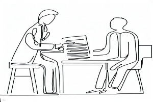 Eine durchgehende Linienzeichnung eines Arztes mit Stethoskop und Clipboard sowie eines Patienten an einem Schreibtisch mit Papieren vor einem weißen Hintergrund.