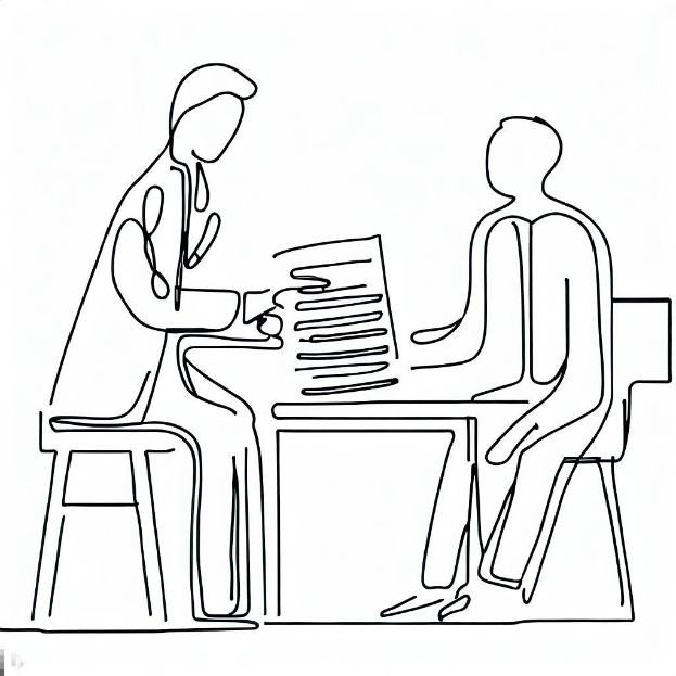 Eine durchgehende Linienzeichnung eines Arztes mit Stethoskop und Clipboard sowie eines Patienten an einem Schreibtisch mit Papieren vor einem weißen Hintergrund.