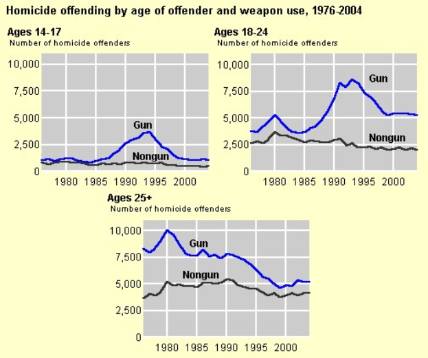 Balkendiagramm, das die Homicide-Offending-Rates nach Alter des Täters und Waffentyp von 1976 bis 2004 zeigt, mit begleitendem erklärendem Text.