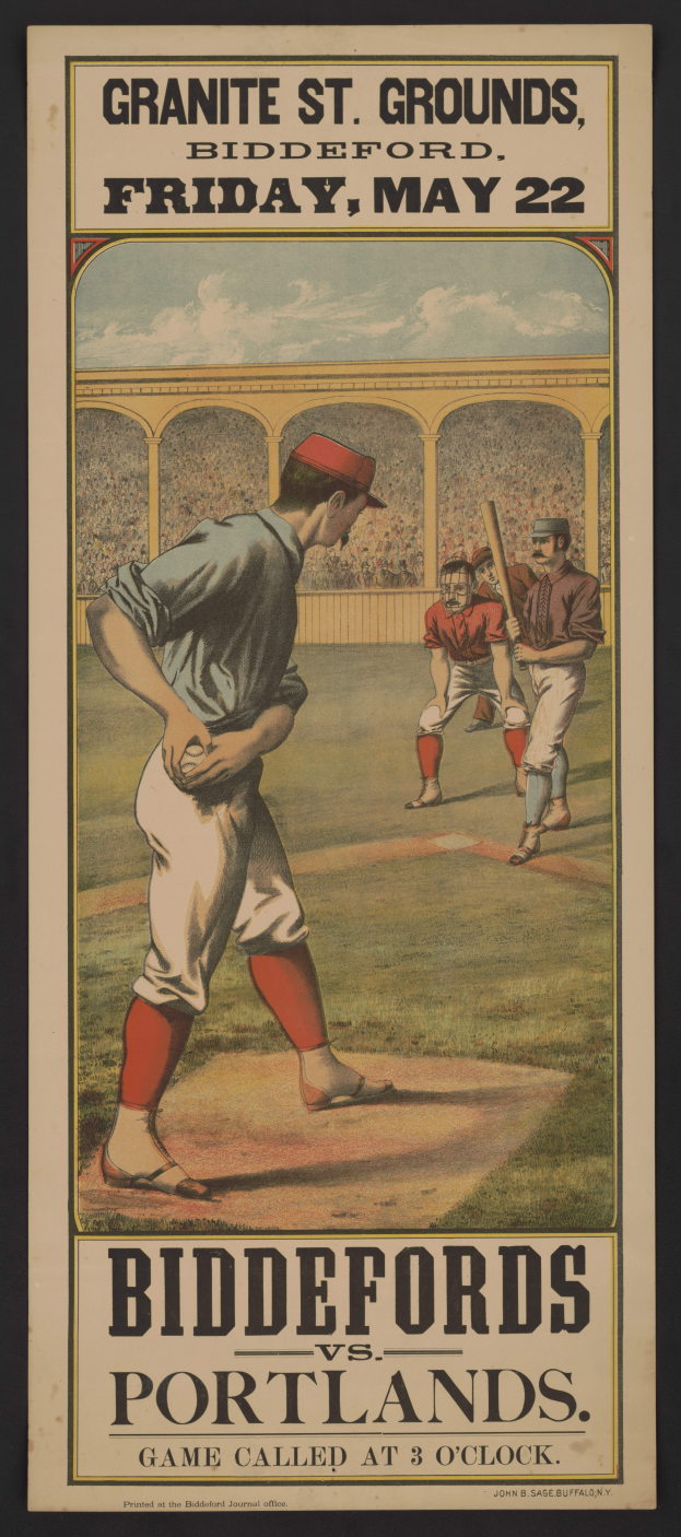 Ein Plakat eines Baseball-Spiels zwischen Biddeford und Portland, das einen Mann in Baseball-Uniform mit entschlossener Miene zeigt.