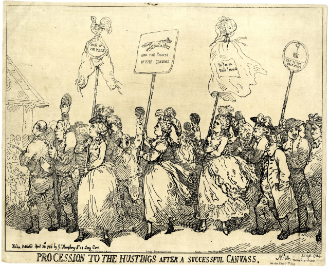 Eine historische Illustration einer Menge mit Schildern mit der Aufschrift "Prozession zum Hustings Nach einem erfolgreichen Canvas."