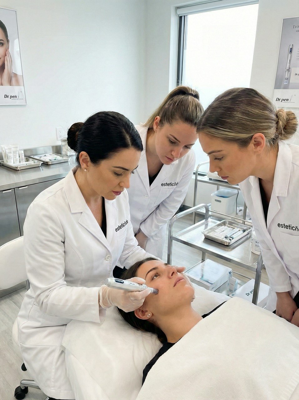 Ein modernes Kosmetikstudio: Drei Fachkräfte in professioneller Kleidung führen konzentriert eine Gesichtsbehandlung durch. Die Atmosphäre strahlt Präzision und Expertise aus, während fortschrittliche Methoden zur Hautverjüngung eingesetzt werden.