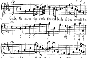 Ein Notenblatt mit den Textzeilen "Führe uns in deinen ganzen Rat, Gott, der sich offenbart" und musikalischer Notation.