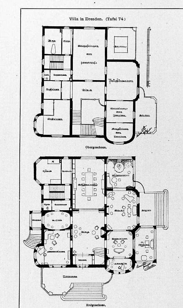 Ein Schwarz-Weiß-Bodenplan eines Hauses mit mehreren Zimmern, beschriftet mit Details über die Zimmeranzahl und Größen, das als die Villa in Dresden, Deutschland, identifiziert wird.