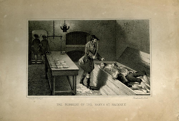 Ein Schwarz-Weiß-Bild eines Mannes mit einem Messer, der neben einem Bett mit zwei liegenden Personen steht, mit einem Tisch voller Gegenstände links und mehreren Menschen im Hintergrund; der Text "Der Überfall auf den Bäcker in Hackney" ist unten geschrieben.