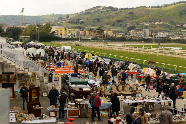 Große Gruppe von Menschen, die einen Flohmarkt durchstöbern, mit Tischen, auf denen Gegenstände wie Foto Rahmen und Stühle ausgelegt sind, Fahrzeuge in der Nähe geparkt, Geländer, Stufen, Bäume, Gebäude, Laternenpfähle, Hügel und ein bewölkter Himmel im Hintergrund.
