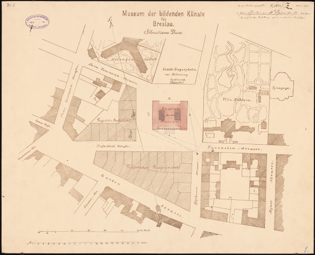 Ein detaillierter alter Stadtplan von Breslau, Deutschland, auf schwarzem Hintergrund, der Gebäude, Straßen und Text zeigt, der den Standort des Museums angibt.