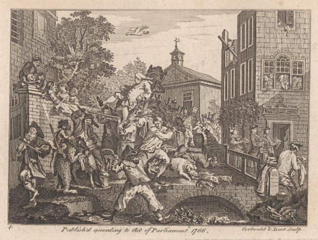 Eine Schwarz-Weiß-Radierung einer Gruppe von Menschen in einer Stadt mit Gebäuden, Bäumen und einem Himmel im Hintergrund, mit Text unten, der "The Act of Parliament 1706" lautet.