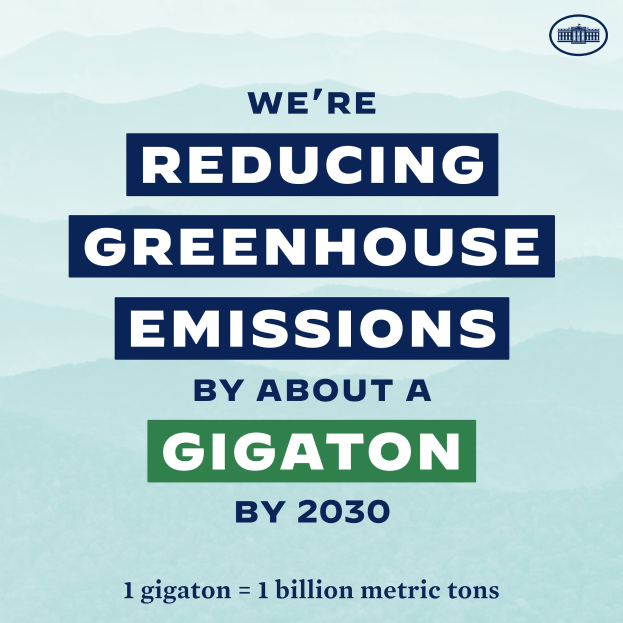 Ein Plakat mit Text und einem Logo, auf dem steht: "Wir reduzieren die Treibhausgasemissionen bis 2030 um etwa eine Gigatonne."