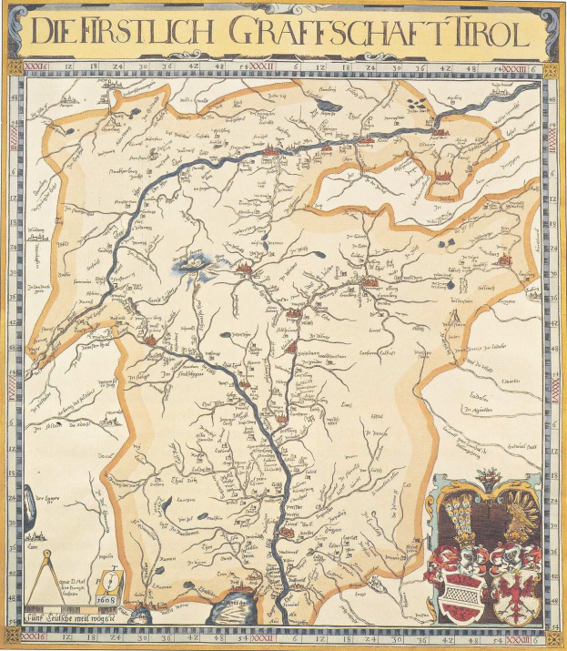 Ein detailliertes historisches Plakat der ersten deutschen Grafschaft Tirol-Karte, das geographische Merkmale wie Flüsse, Berge und Städte sowie erklärenden Text über die Region enthält.