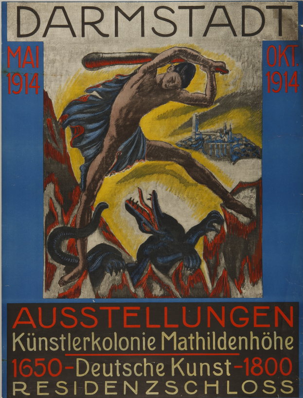 Ein Plakat zeigt einen Mann in weißem Hemd und blauer Jeans mit entschlossener Miene, umgeben von Text und Bildern, die eine Ausstellung in Darmstadt, Deutschland, im Mai 1914 ankündigen.