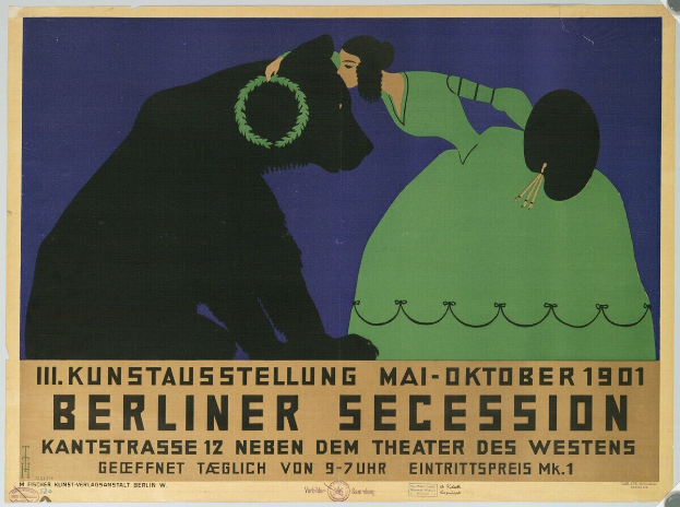 Plakat der Berliner Secession mit einer Frau in grünem Kleid und einem Mann im schwarzen Anzug
