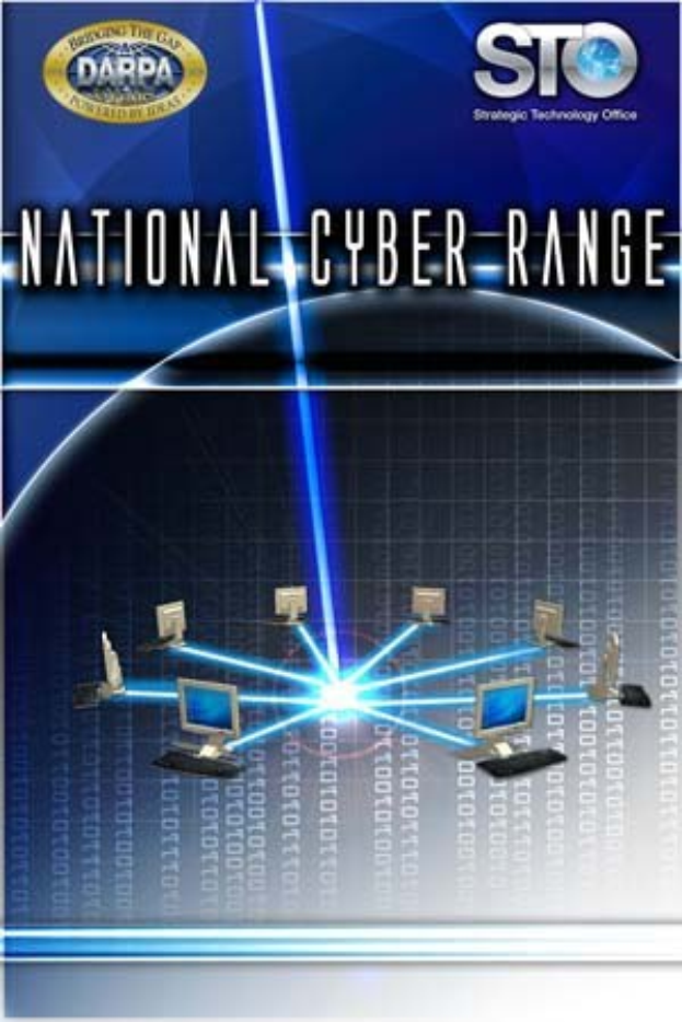 Plakat mit der ├ťberschrift "National Cyber Range" in fetter, wei├čer Schrift auf einem blauen Hintergrund, das eine Weltkugel mit mehreren angeschlossenen Computern zeigt.