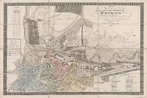 Ausführliche alte Karte von Weimar, Deutschland, die Straßen, Gebäude und Sehenswürdigkeiten zeigt.