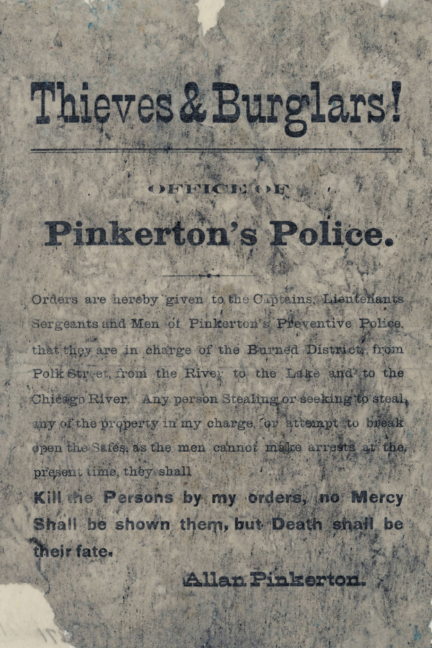 Ein Plakat mit fetter schwarzer Schrift, die "Thieves & Burglars Pinkerton's Police" auf einem weißen Hintergrund liest, von einem dünnen schwarzen Rand eingerahmt.